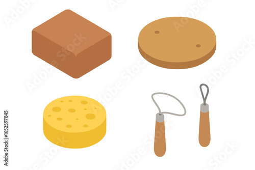Pottery tools and materials icon set in isometric flat design. Vector illustration includes clay block, potter's bat, sponge, wire cutter, and loop tool for ceramics.