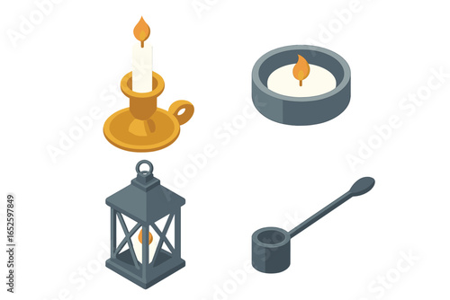 Candle accessories isometric icon set. Vector collection of candle holders, candlestick, tealight, lantern, and snuffer. Vintage and modern home decor elements. Flat design.