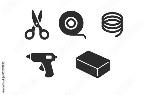 Florist tool solid glyph icon set for floral design and flower arrangement. Vector silhouettes of scissors, tape, wire, hot glue gun, and foam block for crafting supplies.