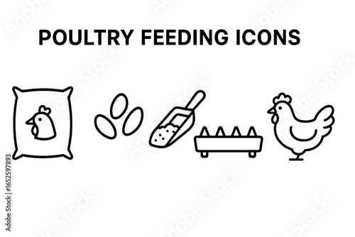 Poultry feeding outline icon set. Vector symbols for agriculture. Chicken, hen, feed sack, corn kernels, scoop, and trough. Farming and livestock concept icons.