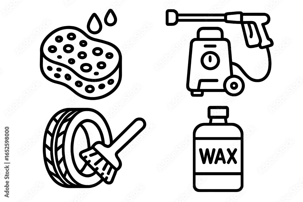 Car wash service and auto detailing outline icon set. Vehicle cleaning equipment pictograms. Vector line art illustration of a sponge, pressure washer, tire brush and wax bottle.