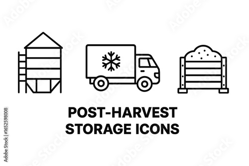 Post-harvest storage and logistics icon set. Outline vector illustration of a grain silo, refrigerated truck, and crop storage bin. Agriculture and farming symbols.