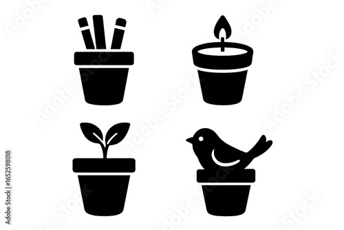 Flower pot reuse ideas icon set. Solid glyph icons for upcycling concepts like pen holder, candle base, herb planter, bird feeder. DIY craft container vector illustration.