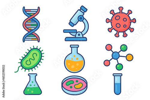 Colorful Science and Research Icons Set Featuring Biological, Chemical, and Microscopic Concepts in Vector Cartoon Style on Transparent Background for Education and Technology