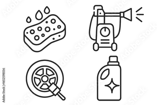 Car wash and auto detailing line icon set. Vehicle cleaning service symbols. Includes sponge, pressure washer, tire brush, and polish. Automotive care vector illustration.