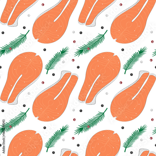 Salmon Steak Rosemary sprig and pepper mix Seamless Pattern. Healthy Food Thematic Cards Background