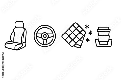 Car trip essentials outline icon set. Vector symbols for automotive travel, including sports car seat, steering wheel, warm winter blanket, and coffee cup holder.