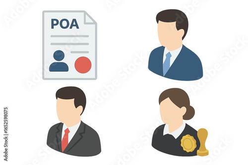 Power of Attorney icon set. Isometric vector illustration of POA legal document form, principal, agent avatar, and notary public with stamp. Law and finance concept.