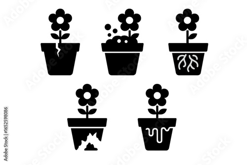 Flower pot problems icon set. Solid glyph icons of common plant care issues. Vector of cracked pot, moldy soil, rootbound plant, faded paint, and algae buildup.
