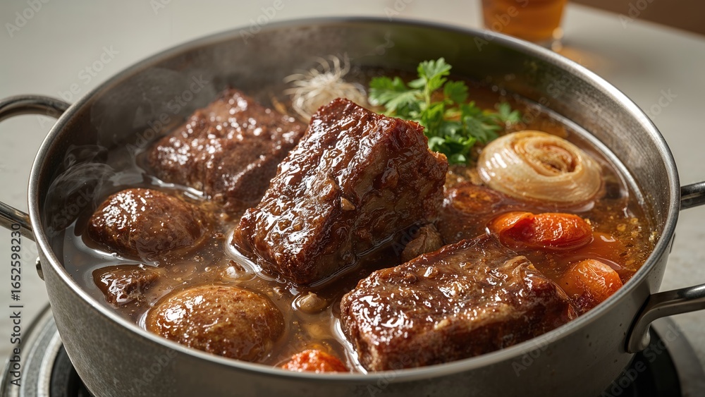 Soup featuring short ribs cooked in a hot pot Soup featuring short ribs cooked in a hot pot