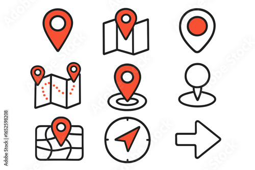 Location vector icons set for maps and navigation. GPS marker, pin, destination point, route, compass, direction arrow symbols. UI, UX elements for web, app design.