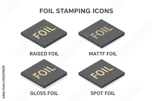 Gold foil stamping icons set in isometric view. Vector illustration of different luxury printing finishes like raised, matte, gloss, and spot foil. Print effects element.