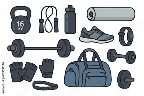 Fitness equipment set illustration with kettlebell, dumbbells, barbell, jump rope, water bottle, yoga mat, gym gloves, sports shoes, fitness tracker, and gym bag in cartoon style