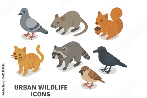 Urban Wildlife Icons, Isometric Flat Vector Set of City Animals including Pigeon, Rat, Raccoon, Squirrel, Stray Cat, Crow, Sparrow, Urban Fauna Illustration on Transparent Background