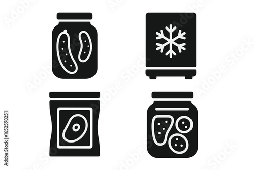 Food preservation methods solid icon set. Canning, freezing, pickling, vacuum sealing. Vector collection of mason jar, freezer, vacuum bag, and preserved fruit jam glyphs.