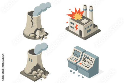 Power plant destruction icon set. Isometric vector illustration of a nuclear energy disaster, cooling tower collapse, explosion, and shattered control panel. Catastrophe concept.