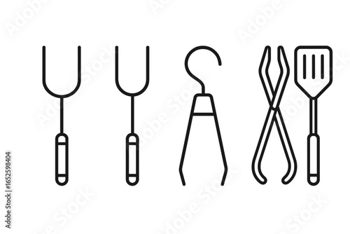 Campfire utensils outline icon collection. Vector graphic set of a roasting fork, grill fork, pot lifter, tongs, and spatula. Outdoor cooking, camping equipment, barbecue tools.