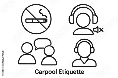 Carpool etiquette and rules icon set. Outline vector symbols for ridesharing and car sharing. No smoking sign, quiet mode, no loud music, conversation and passenger conduct.