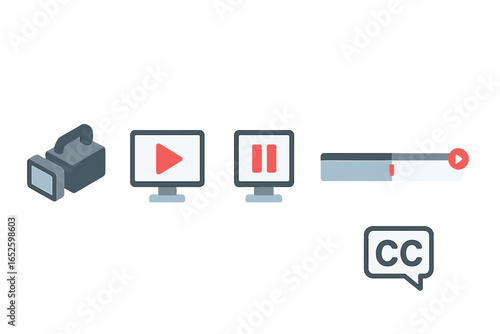 Isometric Flat Video Lecture Icons Set with Camera, Play Button, Pause Button, Video Timeline, and Subtitles Icon, Transparent Vector Illustration for Online Education and Streaming