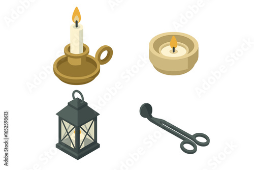 Candle accessories isometric vector icon set. Flat illustration of candlestick, tealight holder, decorative lantern, and wick trimmer for cozy home decor and hygge.