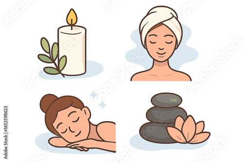 Spa and wellness icon set for relaxation and beauty. Vector illustrations of massage, skincare, aromatherapy candle, and zen stones for a self-care and tranquility concept.