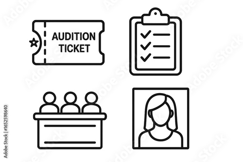Casting call outline icon set. Audition essentials concept with ticket, judge panel, actor headshot, and selection clipboard. Talent search process vector illustration.