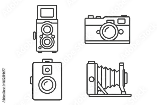 Vintage Cameras Icons Set. Outline vector illustration of retro camera models including twin-lens reflex, rangefinder, box camera, and folding camera. Classic photography equipment collection.
