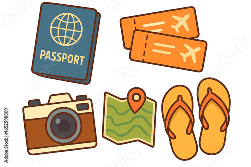 Travel essentials for a perfect getaway including passport, flight tickets, camera, map with location pin, and beach sandals. Vector cartoon illustration on a transparent background. Ordered set.