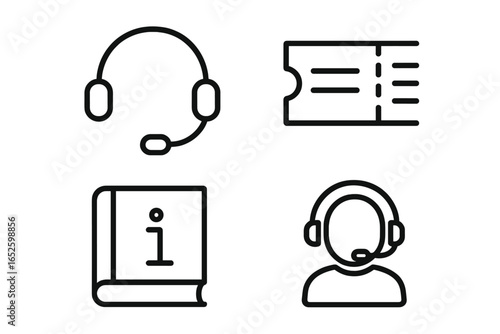 Virtual Support Icons Set of 4, Customer Service Headset with Microphone, Ticket Queue and List, Knowledge Base Book, Online Help Desk Vector Illustration, Transparent Background
