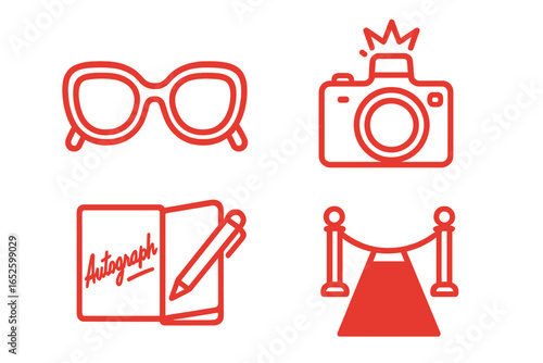 Celebrity life and fame vector icon set. Outline icons of sunglasses, paparazzi camera, autograph book, and red carpet. Hollywood movie star and VIP event symbols.