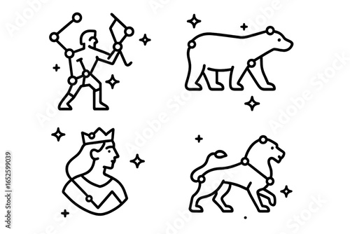 Celestial constellation outline icon set. Includes Orion the hunter, Ursa Major the great bear, Cassiopeia the queen, and Leo the lion. Vector line art for astrology.