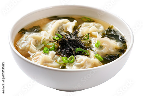 Korean Dumpling Soup Mandu Guk with Seaweed and Green Onions