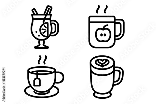 Warm Beverage Icons Outline Set of 4 Warm Drinks with Mulled Wine Glass, Spiced Cider Mug, Herbal Tea Cup, Latte Art Mug Vector Illustration