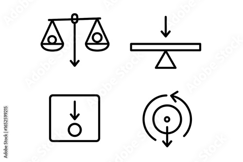 Physics line icon set showing center of gravity, balance, and stability. Vector symbols for force, pressure, torque, fulcrum, and equilibrium concepts for science design.