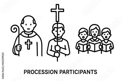 Religious procession participants icon set. Outline vector of christian ceremony with bishop, staff, altar server with cross, and church choir singing. Faith concept.
