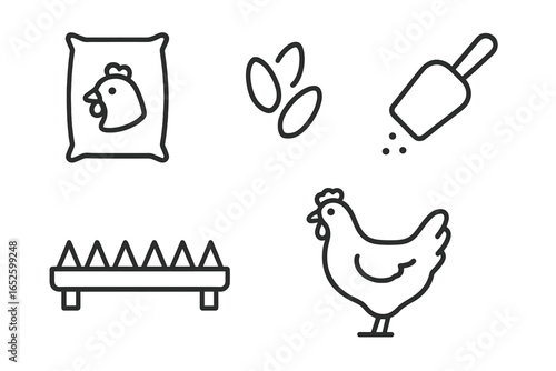 Poultry feeding outline icon set. Vector symbols for farming and agriculture. Includes chicken, feed sack, corn kernels, scoop, and trough feeder for livestock concepts.