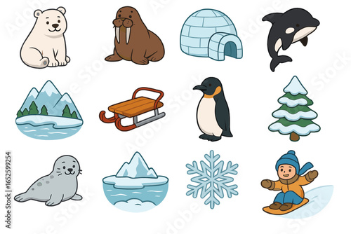 Unique Arctic-themed Vector Icons Featuring Polar Wildlife, Snowy Landscapes, Winter Activities, Igloo, Sledding, and Ice Elements in Cartoon Style on Transparent Background