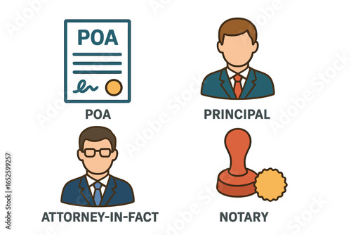 Power of Attorney icon set. POA legal document with principal, attorney-in-fact agent, and notary public stamp. Vector illustration for estate planning and law concepts.