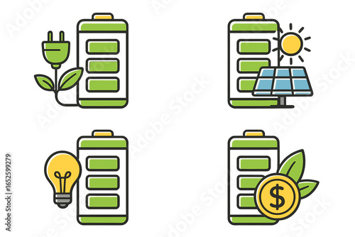 Green energy icon set. Battery management, solar panel charging, and financial investment in eco technology. Renewable power solutions cartoon vector illustration collection.