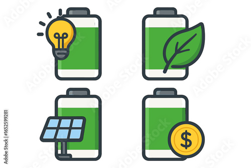 Set of green energy icons. Battery management for sustainable power with a solar panel, eco leaf, lightbulb idea, and financial investment coin. Renewable technology concept.