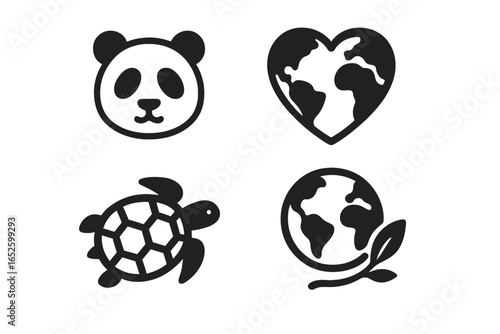 Global conservation icon set. Solid glyph symbols for ecology, environment, and sustainability. Endangered species awareness with panda and turtle. Love our planet earth.