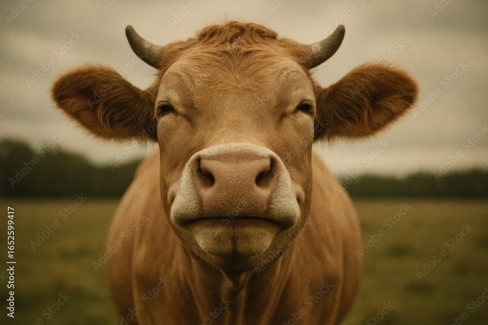 Farm scene featuring a cow's smug face in overcast weather, captured with shallow focus and retro grain texture Farm scene featuring a cow's smug face in overcast weather, captured with shallow focus and retro grain texture