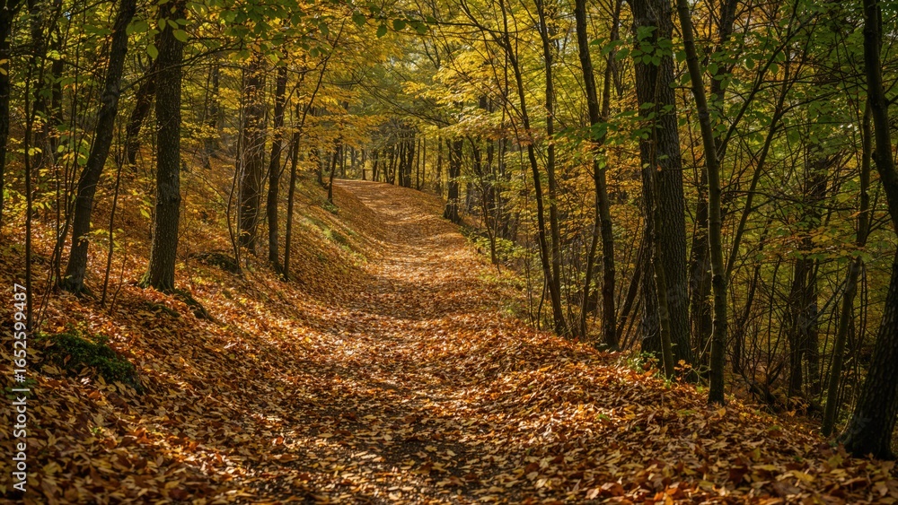 Fototapeta premium Leaf-strewn path winding through a forest in fall