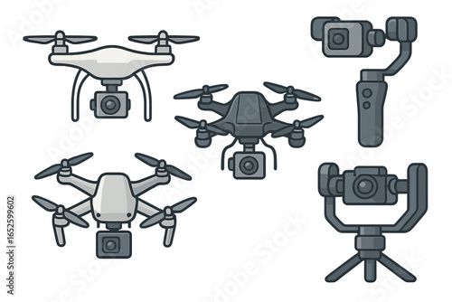 Various Drone Designs and Camera Stabilization Equipment in Flat Vector Illustrations, Cartoon Style Aerial Drones with Cameras and Gimbal Mounts on Transparent Background, Ordered Set