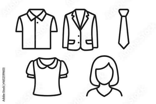 Professional dress code line icon set. Business attire and corporate grooming symbols. Office work wear, collared shirt, blazer, suit, tie, blouse, and hairstyle icons.