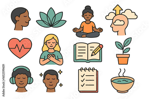 Mental health and wellness icon set. Mindfulness, meditation, personal growth, self care, yoga, gratitude, positive thinking. Vector illustration cartoon sticker pack.