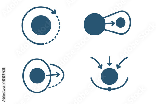 Gravitational field vector icon set. Physics science concepts of gravity, mass, force, and attraction. Icons for celestial mechanics, Roche limit, Hill sphere, orbital trajectory.