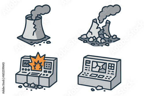 Power plant destruction icon set. Isometric vector graphics of a nuclear disaster, collapsed cooling tower, and shattered control panels. Energy crisis and sabotage concept.