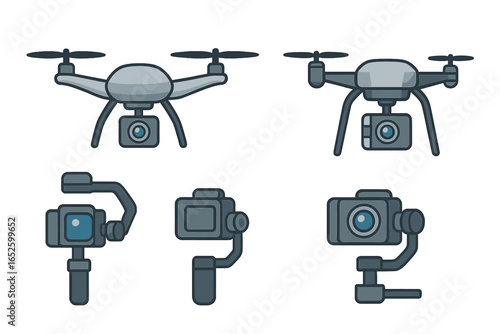 Various Drone Designs and Camera Stabilization Equipment Flat Vector Illustrations, Cartoon Style, Transparent Background, Ordered Set of Drones and Gimbals for Aerial Photography and Videography