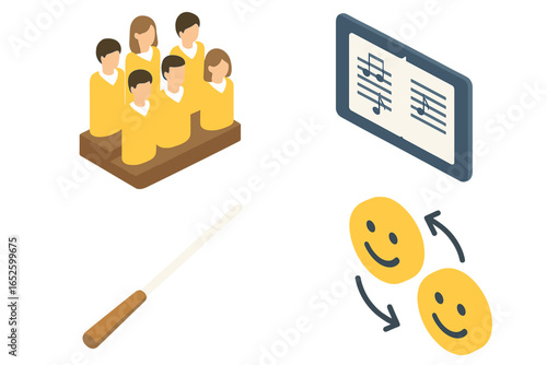 Isometric Choir Therapy Icons Set of Four, Group Choir Members, Conductor Baton, Sheet Music Binder, Smiley Faces Symbolizing Matching Emotions and Harmony, Vector Illustration